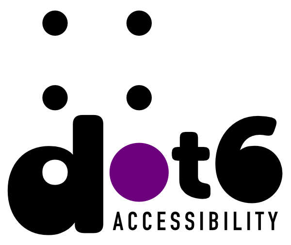 Dot 6 Accessibility Logo. The full braille cell is incorporated into the logo with the dot 6 creating the o in the word dot.